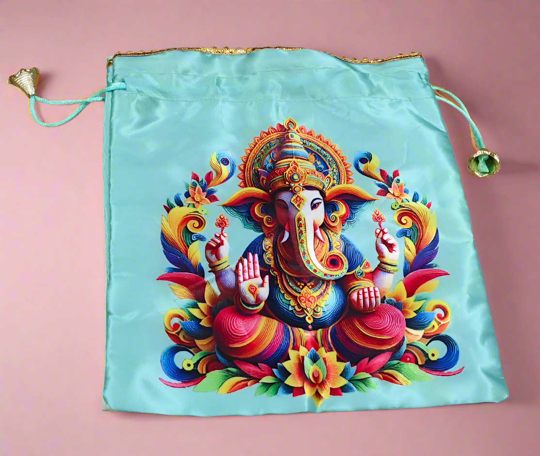 Ganesha Green Satin Potli