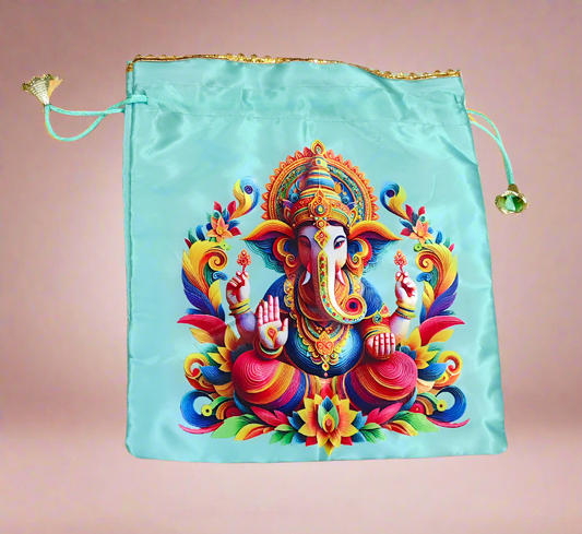 Ganesha Green Satin Potli