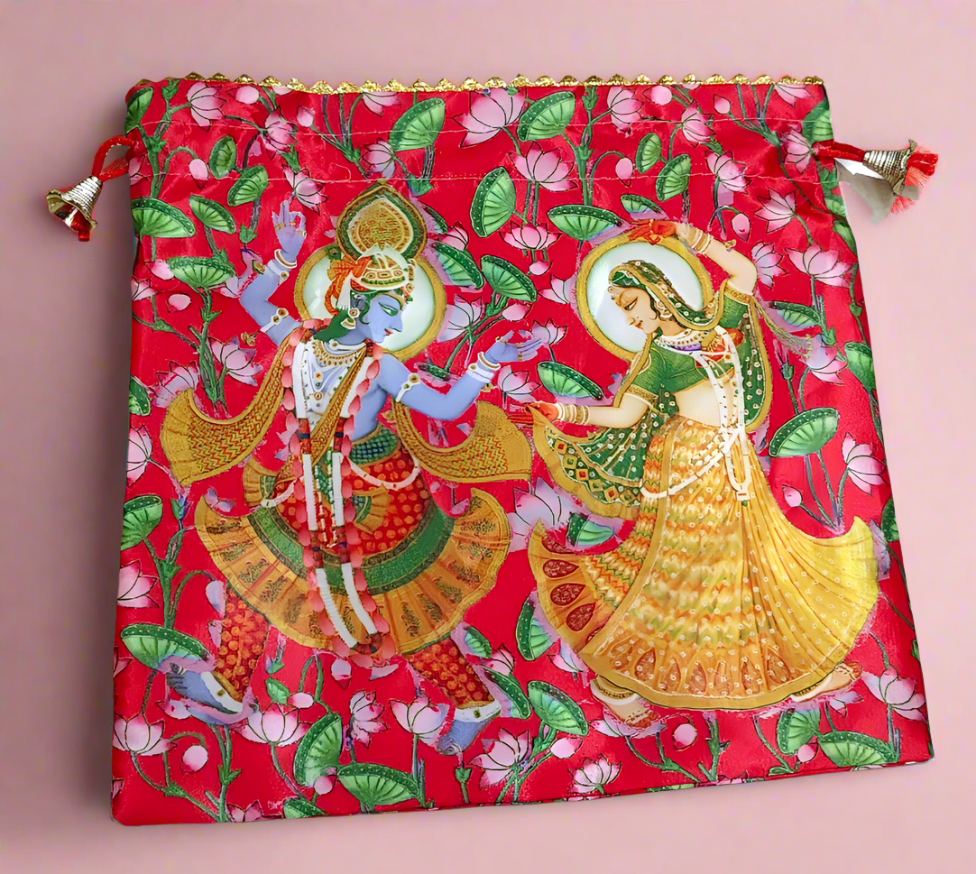 Radha Krishna Red Satin Potli